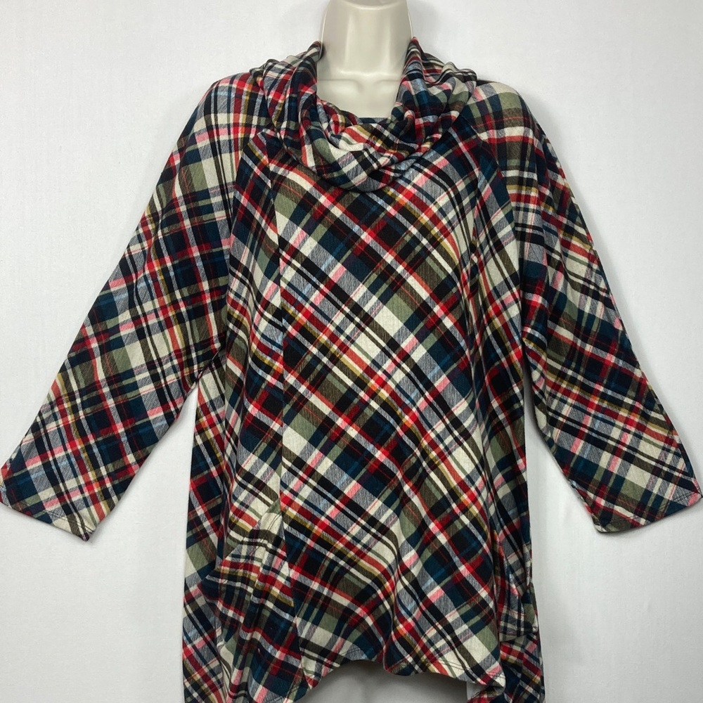 Plaid Cowl Neck Tunic Top in Red, Navy, and Cream